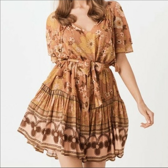 Yellow Orange Tropical Print Mini Dress with Frill Hem 70’s Style - Picture 4 of 11